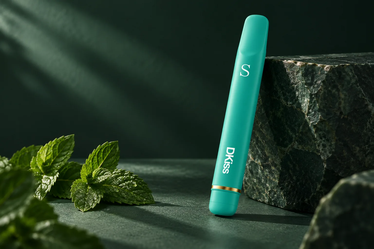 Turquoise DKISS SHAKE Mint with mint leaves on a deep green surface