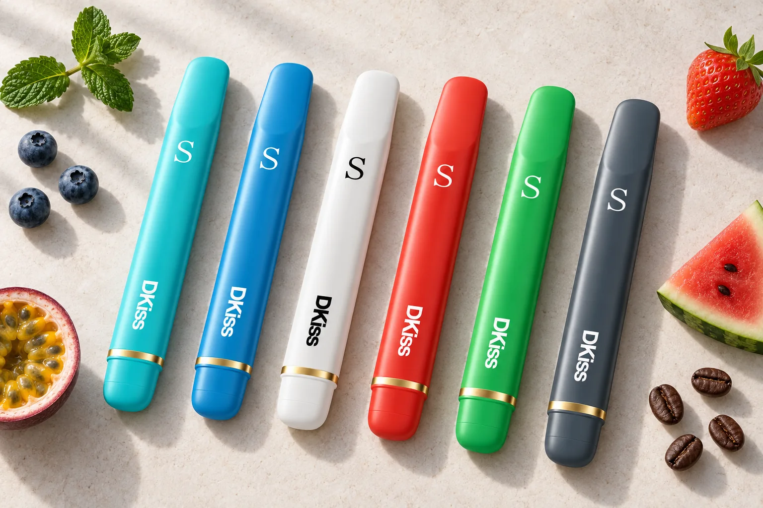 Six DKISS SHAKE flavors arranged with fruit and mint accents